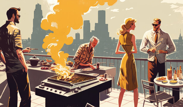 A group of people having a barbecue on a rooftop terrace, with the city below, illustration - Generative AI