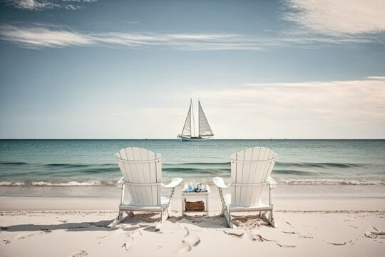 Two chairs on a white beach with crystal-clear water and a sailboat in the distance, generative ai