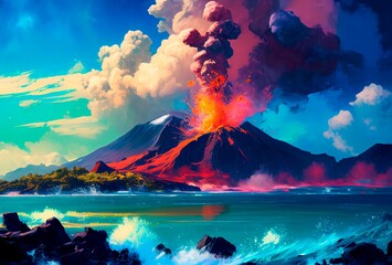 Volcanic eruption on the island, cartoon style illustration, acrylic painting. Blue sky and water, ocean. sea. Generative AI