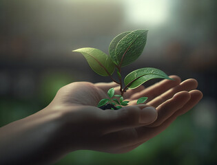 nurturing a new life, hand holding small green plant, environmental conservation, generative AI
