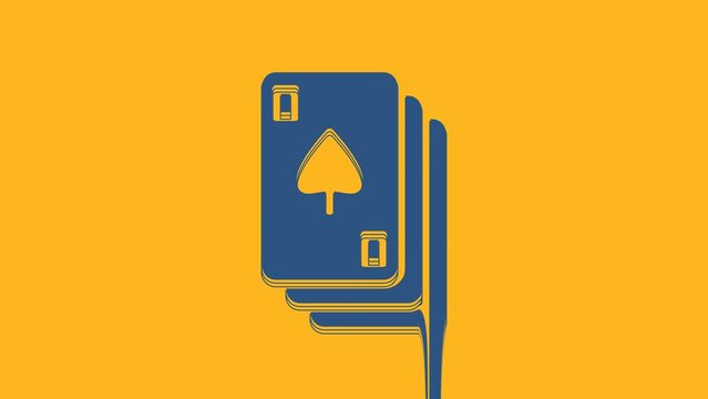 Blue Playing cards icon isolated on orange background. Casino gambling. 4K Video motion graphic animation