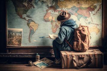 person with a suitcase packing for their next trip, looking at a map, generative ai