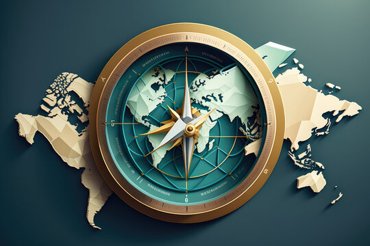 Minimalist travel concept with a compass and world map, generative ai