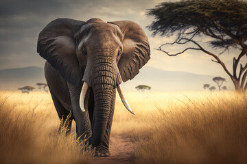 Fototapeta na wymiar Majestic elephant walking through a savannah with tall grass and trees, generative ai