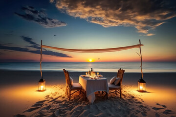 Honeymoon couple having a romantic dinner on the beach, generative ai