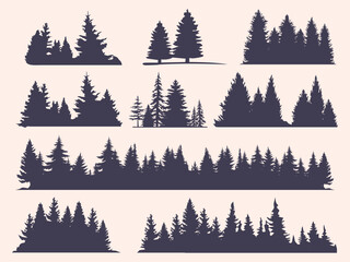 Vintage trees and forest silhouettes set in monochrome style isolated vector illustration, evergreen coniferous forest trees collection. - obrazy, fototapety, plakaty