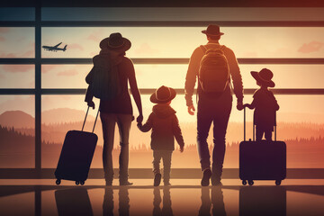 happy family of four with suitcases walking through the airport terminal towards their gate, ready for their next adventure, generative ai