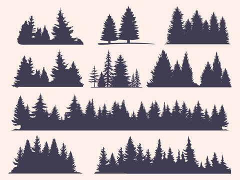 Vintage trees and forest silhouettes set in monochrome style isolated vector illustration, evergreen coniferous forest trees collection.