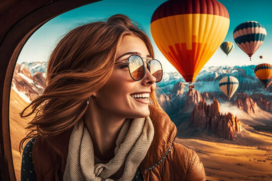 Happy woman enjoying a scenic view from a hot air balloon, generative ai
