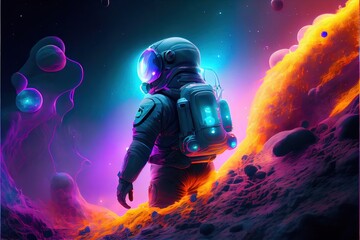 Obraz na płótnie Canvas An astronaut on an alien planet. A high-tech astronaut from the future. Generative AI Art