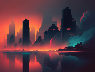 Abstract background of a minimalist cityscape landscape filled with fogy clouds, neon lights, reflections.