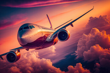 Commercial airplane flying above vibrant orange and pink clouds during a beautiful sunset, generative ai