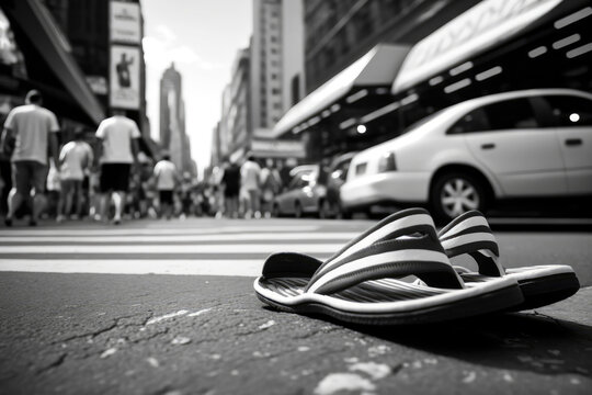 Close-up of stylish black and white flip flops on a city street with a busy background, generative ai