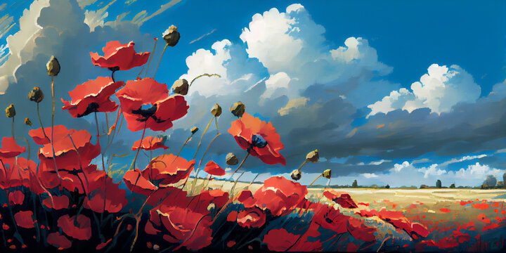 Illustration of world war one battlefields filled with poppies.