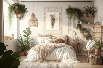 Boho chic bedroom with macrame and indoor plants, generative ai