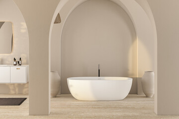 Bright minimal bathroom interior with white basin and oval mirror, bathtub, dry plants in vase, carpet on granite floor. Bathing accessories and window in hotel studio. 3D rendering