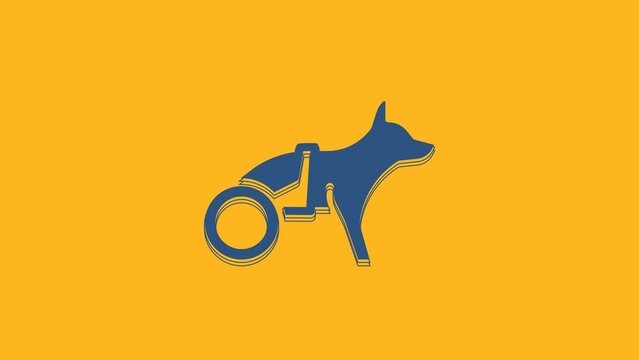 Blue Paralyzed dog in wheelchair icon isolated on orange background. 4K Video motion graphic animation