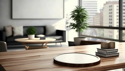 Empty wooden table with abstract living room decor with blurred background. Generative AI.