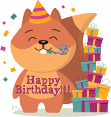Squirrel is celebrating his birthday. Vector image on the theme of the holiday
