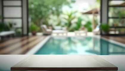 Empty wooden table with blur, abstract decor of swimming pool and green area in blurred background. Generative AI.