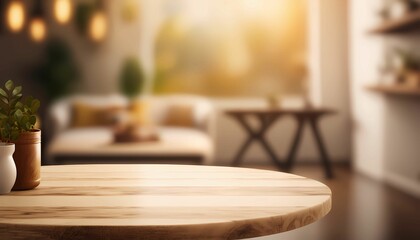 Fototapeta premium Empty wooden table with abstract living room decor with blurred background. Generative AI.