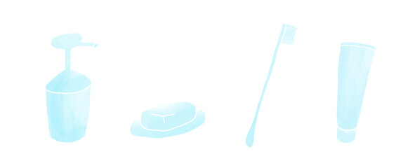 洗面所にあるもの（ハンドソープ、石鹸、歯ブラシ、歯磨き粉）のイラスト