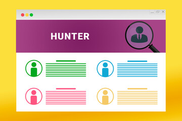 Hunter logo in header of site. Hunter text on job search site. Online with Hunter resume. Jobs in browser window. Internet job search concept. Employee recruiting metaphor