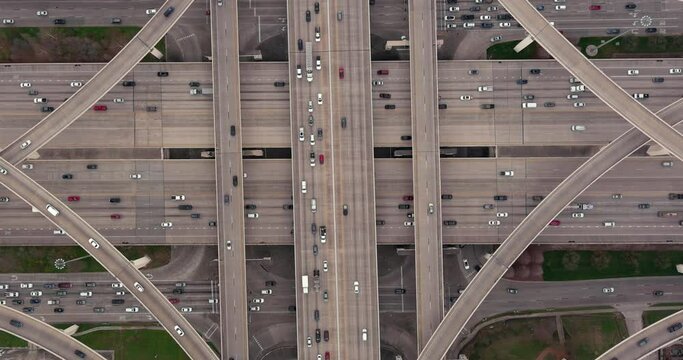 Birds eye view of cars on I-10 West (Katy freeway) In Houston, Texas 