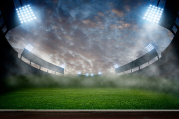Fototapeta na wymiar Green soccer field, bright spotlights, 