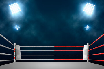 boxing ring with illumination by spotlights. - obrazy, fototapety, plakaty