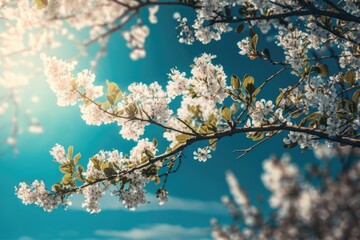 Blue Sky with Blossoming Tree Branches Generative AI	