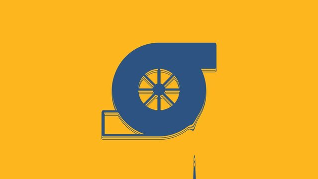 Blue Automotive turbocharger icon isolated on orange background. Vehicle performance turbo. Turbo compressor induction. 4K Video motion graphic animation