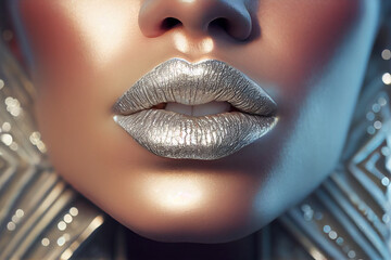 closeup of a woman's lips with silver lipstick, generative ai