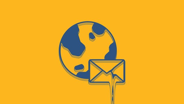 Blue Earth globe with mail and e-mail icon isolated on orange background. Envelope symbol e-mail. Email message sign. 4K Video motion graphic animation