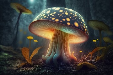 Fototapeta na wymiar Fantasy mushroom glowing light in fairy forest. Ai. Mushroom wallpaper