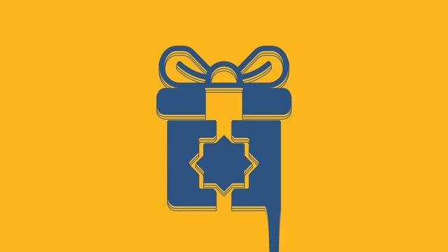 Blue Gift box icon isolated on orange background. Holy month, Ramadan, Christmas present wrapped packages, birthday, valentine. 4K Video motion graphic animation