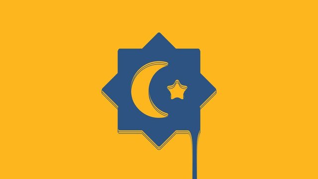 Blue Islamic octagonal star ornament icon isolated on orange background. 4K Video motion graphic animation