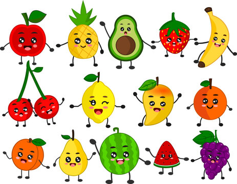 Set Of Cute and Happy Fruits On White Background.