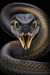 Closeup portrait of a black mamba snake isolated on black illustrated using generative Ai