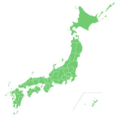 切り離せる緑色の日本地図のシルエットイラスト（県境入り）　パーツ分け