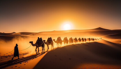 Sahara Desert Dunes and Camel Train at Sunrise Created with Generative AI Technology - obrazy, fototapety, plakaty