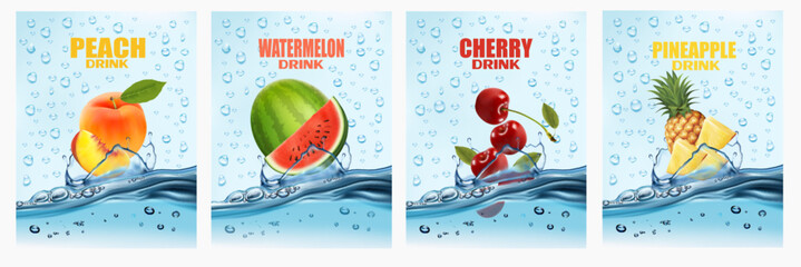 Set of labels with fruit and vegetables drink. Fresh fruits juice splashing together- peach, watermelon, cherry, pineapple in water drink splashing. 3d fresh fruits. Vector illustration.