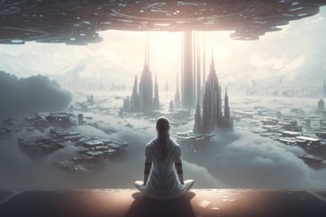 Serene Woman Meditating in a Futuristic Cityscape, generative ai