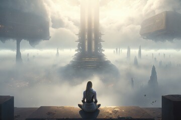 Fototapeta Serene Woman Meditating in a Futuristic Cityscape, generative ai obraz