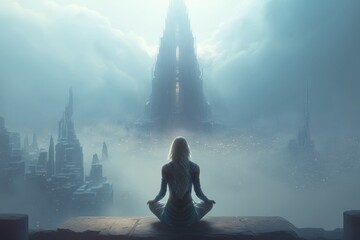 Serene Woman Meditating in a Futuristic Cityscape, generative ai