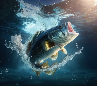 Predatory fish Largemouth bass in habitat under water looking for prey. Sport fishing concept. GENERATIVE AI