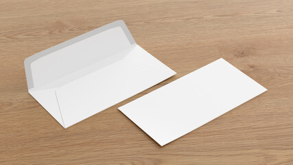 Blank corporate envelope mockup on wooden background. Branding mock up. Side view.