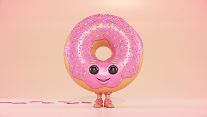 Funny donut character with eyes and legs. 3d rendering