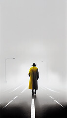 person walking on the foggy road with black hat and yellow dress, Generative AI illustration