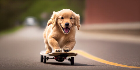 Golden retriever puppy riding a skateboard - obrazy, fototapety, plakaty